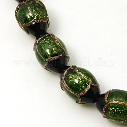 Abalorios de cristal de murano de arena de oro hecho a mano hilos, oval, verde, 16x12mm, agujero: 1 mm