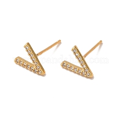 Clear Cubic Zirconia Initial Letter V Stud Earrings, Brass Jewelry for Women, Cadmium Free & Nickel Free & Lead Free, Real 18K Gold Plated, 7x8.5mm, Pin: 0.6mm