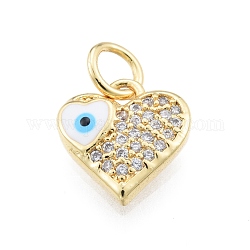 Brass Micro Pave Clear Cubic Zirconia Charms, with Enamel and Jump Rings, Golden, Heart with Evil Eye, White, 10x10x2.5mm, Hole: 3mm