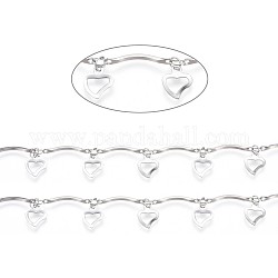 Handmade 304 Stainless Steel Scalloped Bar Link Chains, Soldered, with Heart Charms and Card Paper, Stainless Steel Color, Bar Link: 16x2x3mm, Heart: 8x7x0.5mm, about 16.4 Feet(5m)/card