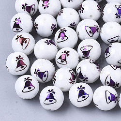 Christmas Opaque Glass Beads, Round with Electroplate Christmas Bell Pattern, Purple Plated, 10mm, Hole: 1.2mm