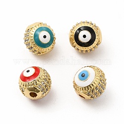 Messing Mikro ebnen Zirkonia Perlen, mit Emaille bösen Blick, Runde, golden, Mischfarbe, 10 mm, Bohrung: 2 mm