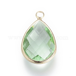 Glass Pendants, with Brass Findings, Faceted, Drop, Light Gold, Medium Sea Green, 14x7.5x4mm, Hole: 1.8~2.3mm