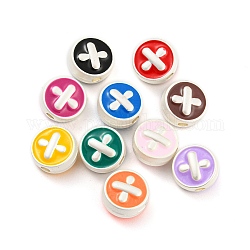 Alloy Enamel Beads, Matte Silver Color, Flat Round with Cross Pattern, Mixed Color, 10x6mm, Hole: 2mm