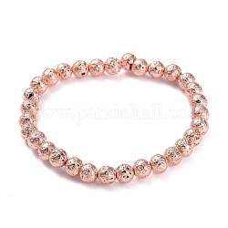 Bracelets extensibles en perles de lave naturelle galvanisées, Plaqué longue durée, ronde, rose plaqué or, 2-1/4 pouce (5.8 cm), perle: 6.5~7 mm