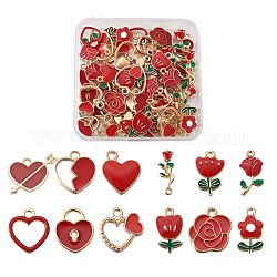 Colgantes de esmalte de aleación, corazón y de la flor, dorado, rojo, 72 unidades / caja