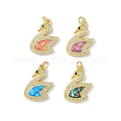 Brass Micro Pave Cubic Zirconia Pendants, with Synthetic Opal and Jump Ring, Real 18K Gold Plated, Swan, Real 18K Gold Plated, 20.5x15x3mm, Hole: 3.5mm