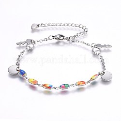 304 Stainless Steel Charm Bracelets, with Lobster Claw Clasps and Enamel, Key and Flat Round, Stainless Steel Color, 7-1/8 inch(18cm), 2.3~4.5mm, Charms: 8~13x6.5~8x1mm