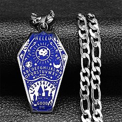 304 Stainless Steel Enamel Pendant Necklaces for Women Men, Coffin with Word, Stainless Steel Color, 23.58 inch(59.9cm)