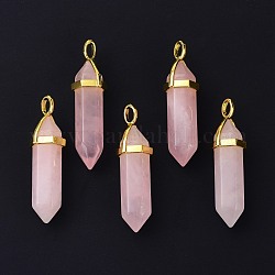 Quarzo rosa naturale ha ciondoli, con ciondoli casuali in ottone con cappuccio esagonale, oro, proiettile, 38.5~40x12~12.5x10~11mm, Foro: 3x4.5 mm