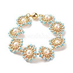 Bracelet lien fleur perle coquillage, bracelet tressé graine de verre avec fermoir aimanté en laiton pour femme, or, cyan clair, 7-1/2 pouce (19 cm)