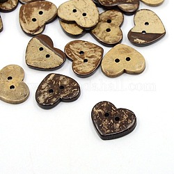 Boutons de noix de coco, 2-trou, cœur, brun coco, 17x20x4mm, Trou: 1.5mm