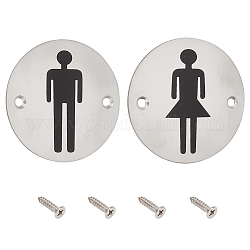 Unicraftale 2 lot de 2 styles 201 panneaux de toilettes en acier inoxydable - Symboles de guide de genre - Plats ronds avec motif homme/femme - Panneau en métal de 75x1 mm pour le bureau, la maison, le jardin, les fournitures - Trou : 4.8 mm