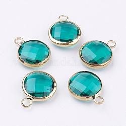 Golden Tone Brass Glass Flat Round Charms, Faceted, Dark Cyan, 14x10.5x5mm, Hole: 1.5mm