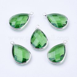 Silver Color Plated Brass Glass Teardrop Pendants, Faceted, Lime, 18x10x5mm, Hole: 2mm