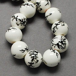 Perles de porcelaine imprimées manuelles, ronde, noir, 8mm, Trou: 2mm