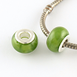 Large Hole Rondelle Resin European Beads, with Silver Color Plated Brass Double Core, Dark Olive Green, 14x9mm, Hole: 5mm