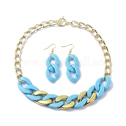 Ensemble de bijoux en chaînes acryliques, collier chaîne gourmette et boucles d'oreilles pendantes en fer, bleu ciel, 430mm, 66x20.5mm