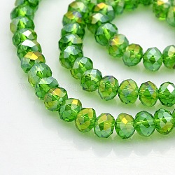 Ab recubierto de color facetado rondelle electrochapa cuentas de vidrio hebras, verde lima, 6x4mm, agujero: 1 mm, aproximamente 85 pcs / cadena, 16 pulgada