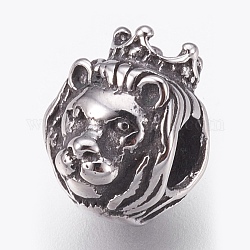 316 perles européennes chirurgicales en acier inoxydable, Perles avec un grand trou   , lion avec une couronne, argent antique, 12x9x10mm, Trou: 4.5mm