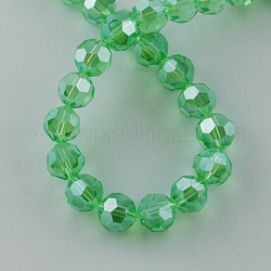 Fili di perle di vetro placcato, lustro di perla placcato, sfaccettato (32 sfaccettatura), tondo, verde chiaro, 8x7mm