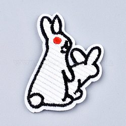 Parches de tela de bordado computarizado con forma de conejo para planchar / coser, accesorios de vestuario, apliques, blanco, 54x37x1.5mm