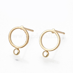 Brass Stud Earring Findings, with Loop, Ring, Real 18K Gold Plated, 12.5x10mm, Hole: 1.4mm, Pin: 0.7mm