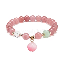 Bracelet extensible à perles rondes en quartz fraise naturel et cristal de quartz, bracelet de pierres précieuses avec des breloques de fleurs en verre pour les femmes, rose, diamètre intérieur: 2-1/8 pouce (5.4 cm)