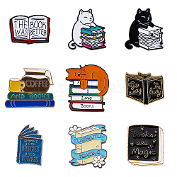 Hobbiesay 9 шт. 9 стильные эмалированные булавки с изображением кошки, книги и слова, мультяшный значок из сплава для рюкзака, разноцветные, 18~30x15.5~27x1.5~2 мм, 1шт / стиль