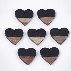 Resin & Walnut Wood Pendants, Heart, Black, 24x25x3.5~4mm, Hole: 2mm
