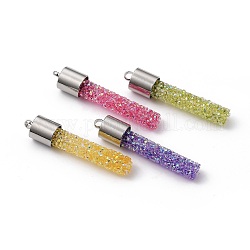 Glass Rhinestone Pendants, with 304 Stainless Steel Cord Ends, Column, Stainless Steel Color, Mixed Color, 39x8mm, Hole: 2mm