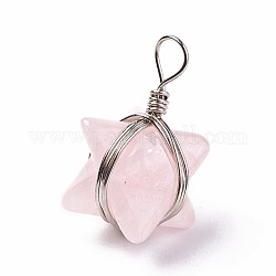 Ciondoli quazo rosa naturale, con accessori di ottone, Stella di merkaba, platino, 24~27x17x17mm, Foro: 3.5~4 mm