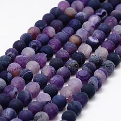 Chapelets de perles en agate naturelle altérée mate, ronde, teints et chauffée, violet, 8mm, Trou: 1mm, Environ 48 pcs/chapelet, 15.2 pouce