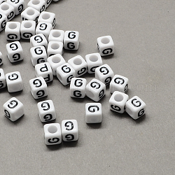 Perles européennes de lettre en acrylique à gros trou, trou horizontal, blanc et noir, cube avec letter.g, 7~8x7~8x7~8mm, Trou: 4mm, environ 1144 pcs/500 g