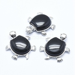 Natural Obsidian Pendant, with Alloy Findings, Tortoise, Platinum, 38x30.5x8.2mm, Hole: 3x4.5mm