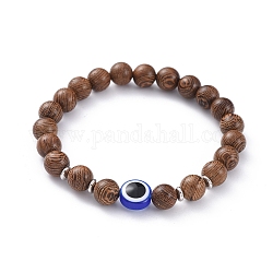Unisex Wood Beads Stretch Bracelets, with Resin Beads and Platinum Plated Brass Spacer Beads, Evil Eye, 2-1/4 inch(5.6cm)