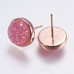 Pendientes de resina druzy, con la fornituras de latón, plano y redondo, color de rosa caliente, 9.5x16~16.5 mm, pin: 0.8 mm