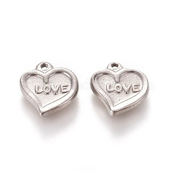 304 charms in acciaio inox, cuore con la parola amore, per San Valentino, colore acciaio inossidabile, 11x12x2.5mm, Foro: 1.2 mm
