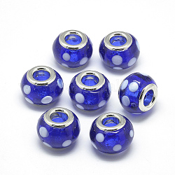 Perles européennes vernissées manuelles, en laiton de platine noyaux doubles, Perles avec un grand trou   , rondelle avec spot, bleu, 14x10.5mm, Trou: 5mm