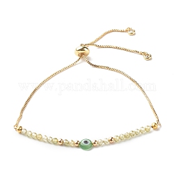 Messing-Schieberarmbänder, mit Zirkonia-Perlen, handgemachte bösen Blick lampwork flache runde Perlen, Olive, Innendurchmesser: 3/4~3-1/2 Zoll (2~8.9 cm)