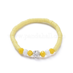 Stretch Bracelets, with Polymer Clay Heishi Beads, Faceted Glass Beads and Brass Rhinestone Beads, Yellow, Inner Diameter: 2 inch(5.2cm)
