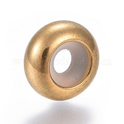 Abalorios de 304 acero inoxidable, con goma en el interior, bolas de deslizador, de abalorios del tapón, rerondana plana, dorado, 10x4.5mm, agujero: 5 mm, agujero de goma: 3 mm
