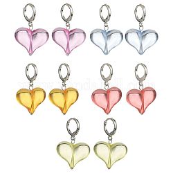 5 paio di orecchini a monachella pendenti con cuore acrilico in 5 colori, orecchini in ottone, colore misto, 33x22x9.5mm, 1 paio / colore