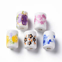 Handmade Porcelain Beads, Famille Rose Style, Column with Flower Pattern, Mixed Color, 12.5x8.5mm, Hole: 3mm