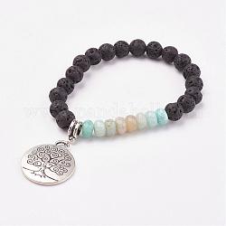 Natural Amazonite & Lava Rock Stretch Charm Bracelets, Alloy Pendant, Flat Round with Tree, Antique Silver, 2 inch(52mm)
