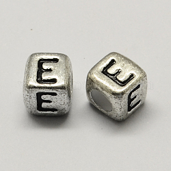Antique Silver Plated Large Hole Acrylic Letter European Beads, Horizontal Hole, Cube with Letter.E, 6x6x6mm, Hole: 4mm, about 2950pcs/500g