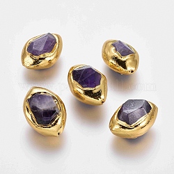 Perles d'améthyste naturelle, avec des accessoires bordés en laiton plaqué or, facette, olive, 25~34x17~23x16~21mm, Trou: 1~1.4mm