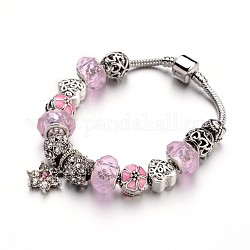 Ottone di moda i braccialetti europei, con perle di vetro e perle di strass in lega, perla rosa, 190x3mm
