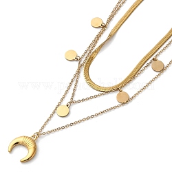 304 Edelstahlkabel und flache Schlangenketten, 3-lagige Halskette, Halskette mit Doppelhorn und flachen runden Anhängern, golden, 16.34 Zoll (41.5 cm)