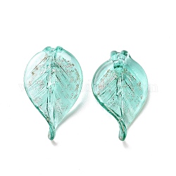Handmade Lampwork Pendants, with Glitter Powder, Leaf Charm, Turquoise, 28.7x17x6.7mm, Hole: 1.8mm